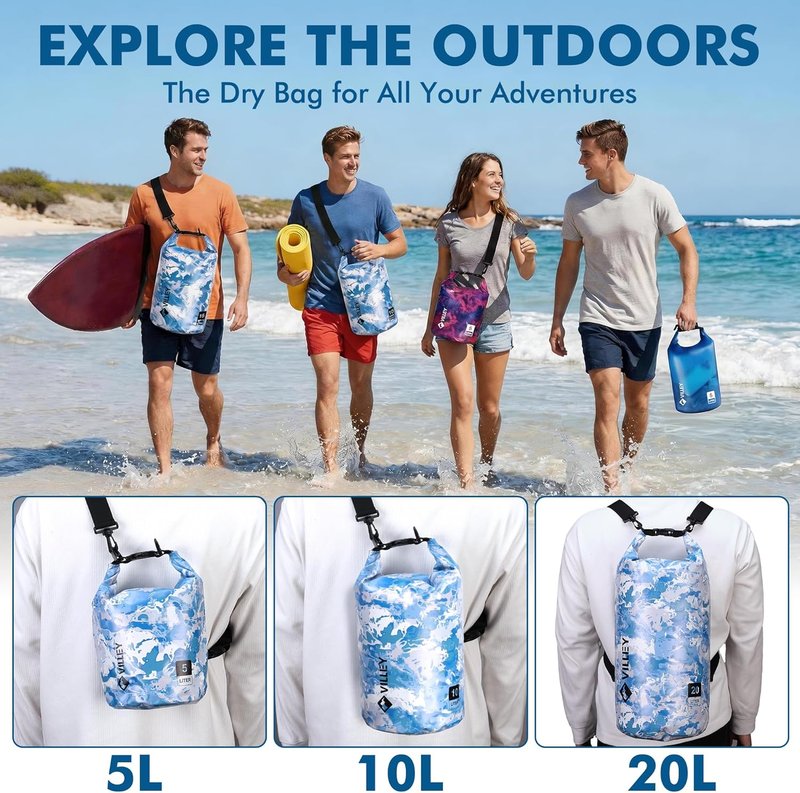 VILLEY Waterproof Dry Bag - 20L Roll Top Backpack for Kayaking, Camping & Beach | Blue Camo