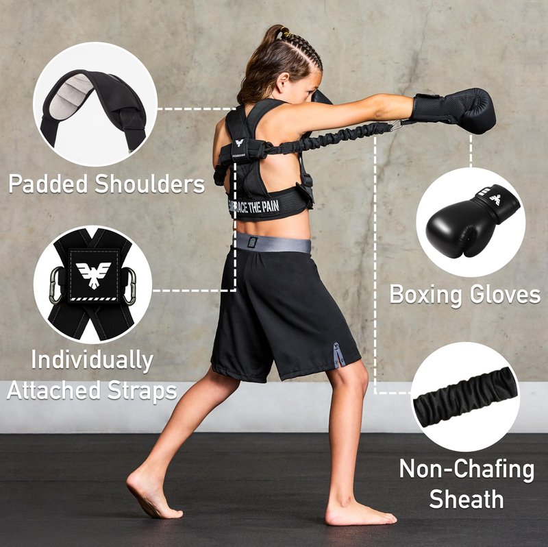 Elite Sports Kids Boxing Harness with 6oz Gloves – Adjustable Resistance Bands (3 Levels), Stability Strap, Padded Shoulder & Back, Ballistic Nylon, Quick-Release Buckle – Youth Training Gear
