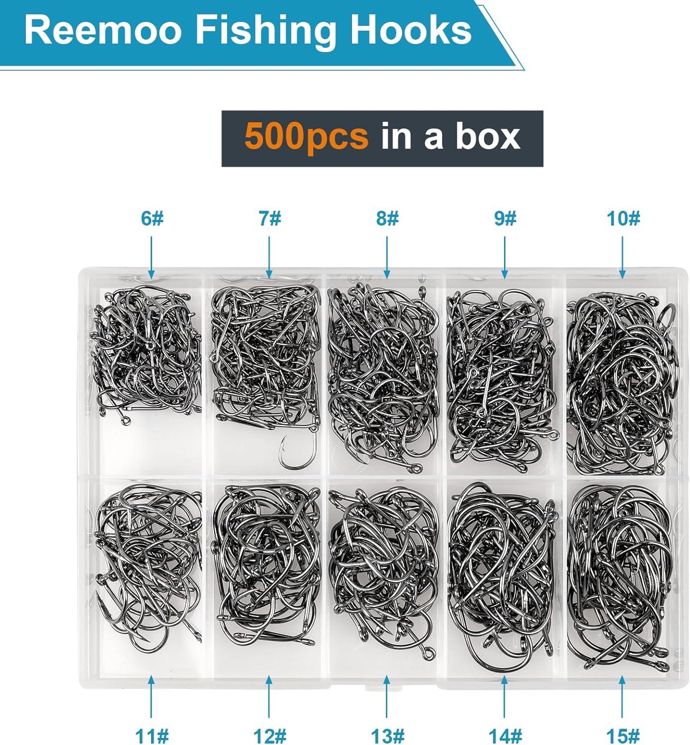 ReeMoo Premium Fishing Hooks - 500PCS Carbon Steel Set | 10 Sizes with Portable Box for Freshwater & Seawater