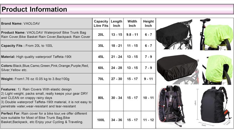 VAOLOAV Bicycle Rear Rack Rain Cover Bike Trunk Rain Cover 35L Black
