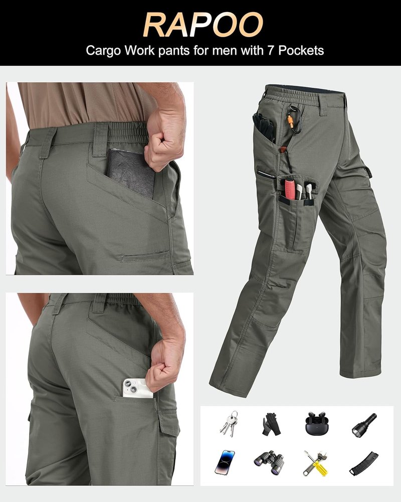 Men's Cargo Pants - Ripstop Water Resistant Tactical Hiking Pants | 7 Pockets, Breathable Design
