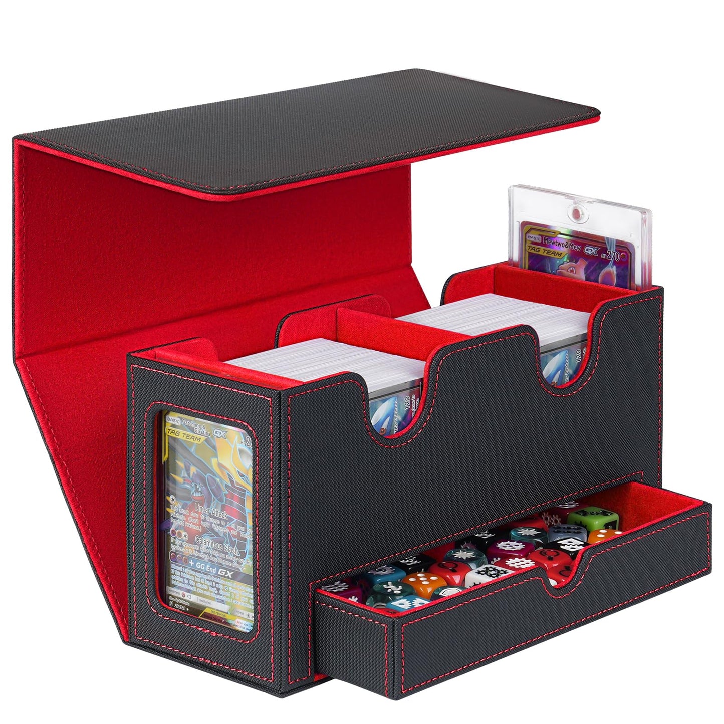 Jaffzora Card Deck Box for MTG Commander, Deck Display Case Holds 200+ Double-Sleeved Cards, 35pt Card Brick & Dice Tray, Storage Box For TCG CCG Sports, Black&Red