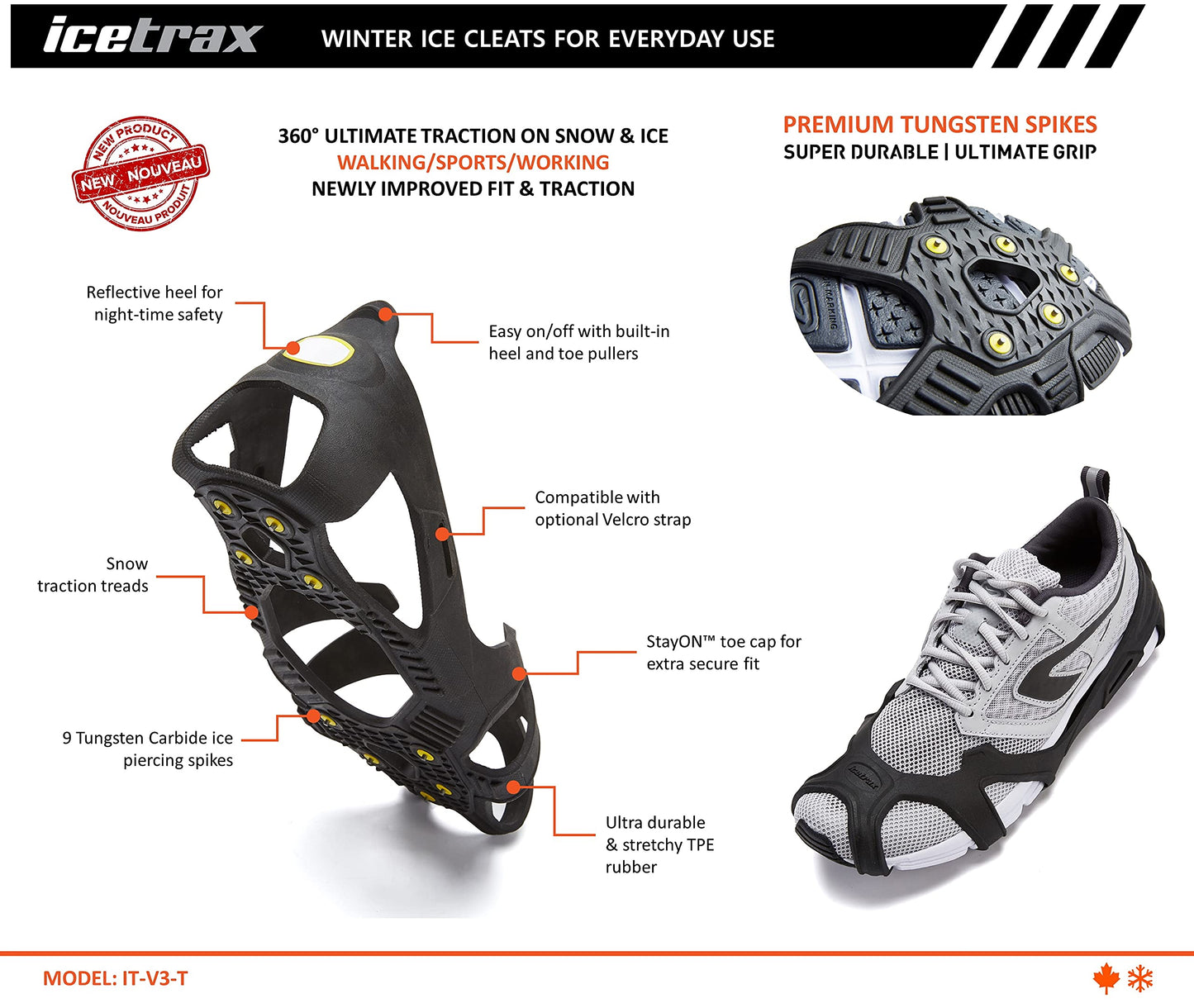 ICETRAX V3 Tungsten Crampons, Ice Cleats for Shoes and Boots - Ice Grips for Snow and Ice, Non-Slip Shoe Grippers with Reflective Heel