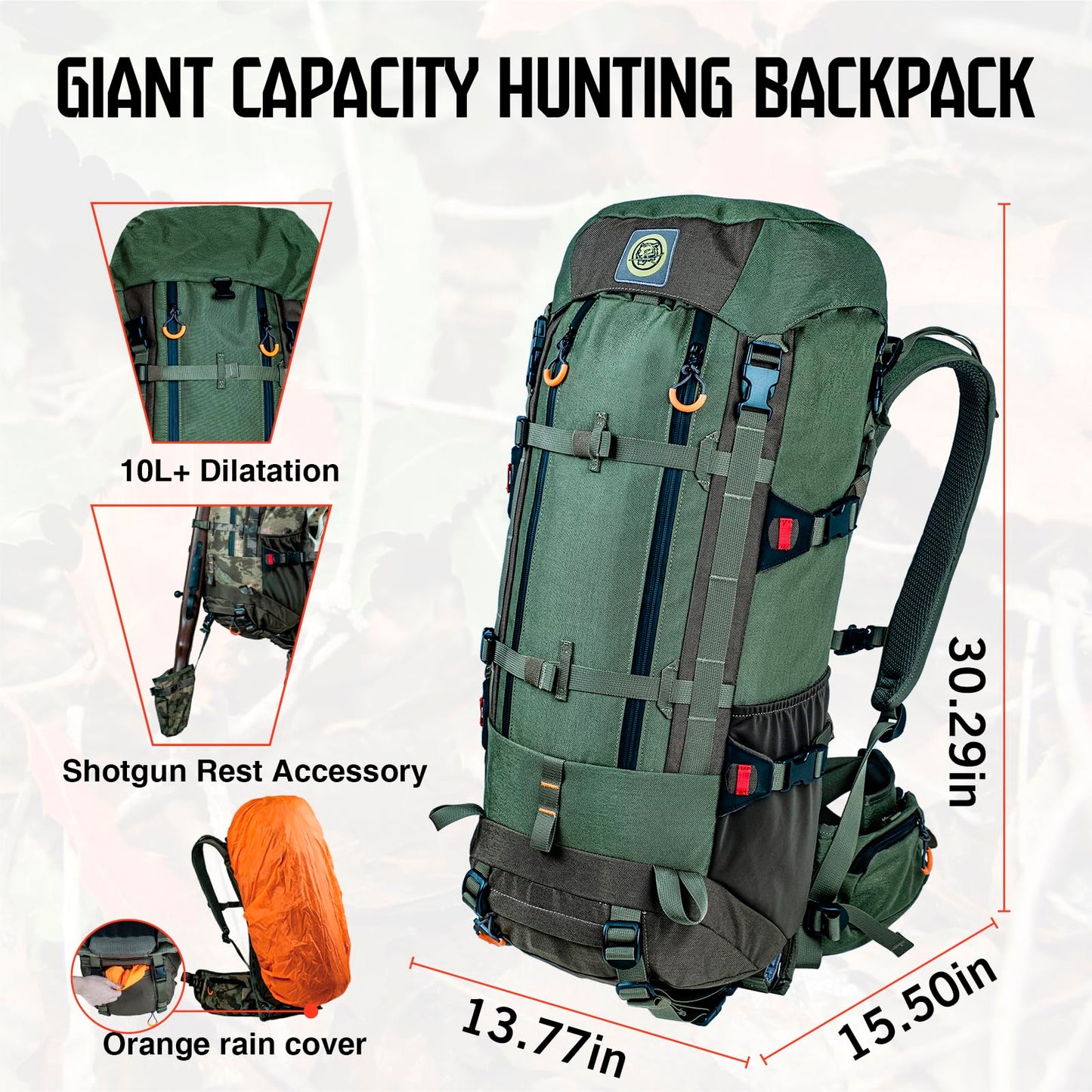 TKLoop Hunting Pack for Men – Expandable Frame Backpack 40L, Water Resistant, with Meat Hauler, Rifle Holder & Shotgun Rest
