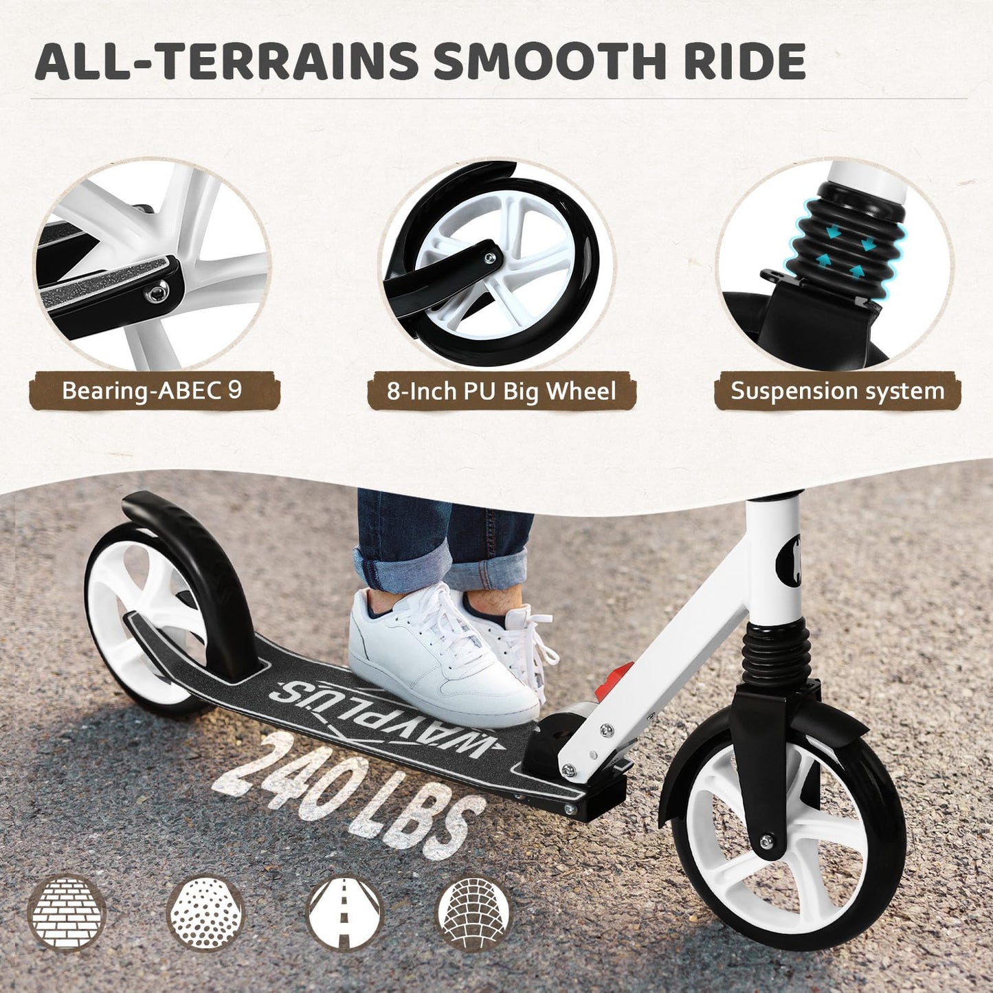 WAYPLUS Kick Scooter for Ages 6+,Kid, Teens & Adults. Max Load 240 LBS. Foldable, Lightweight, 8IN Big Wheels for Kids, Teen and Adults, 4 Adjustable Levels. Bearing ABEC9