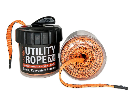 Rapid Rope Canister 70ft Orange Flat Tactical Paracord, Made in USA, 1100lb Tested Heavy Duty Poly Rope Test Cord, Non-Tangle Dispenser Included - Hiking, Camping, Survival, Utility, Climbing