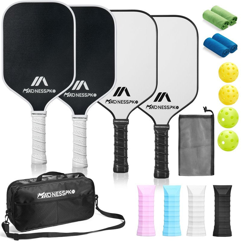 Pickleball Paddles Set of 4 Frosted Fiberglass Rackets Honeycomb Core Pickleball Set with 4 Pickleball Paddles+ 4 Pickleball Balls+ 1 Bag+ 4 Replacement Soft Grip+ 2 Towel