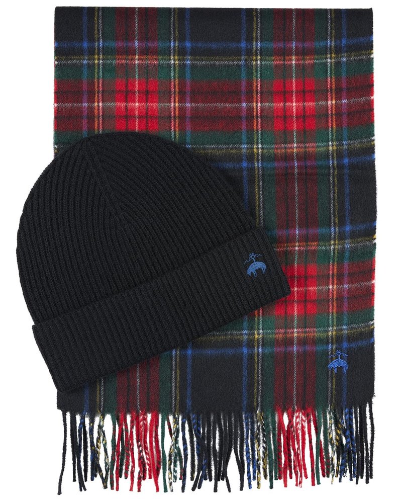 Brooks Brothers Signature Wool and Cashmere Woven Scarf & Ribbed Knit Beanie Boxed Gift Set for Men - Elegantly Boxed Men's Luxury Winter Present, Black Hat/Black-Blue Plaid Scarf