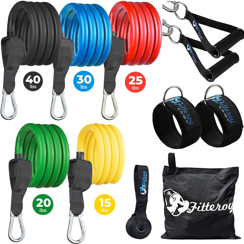Fitteroy Home Gym Workout Bands - Resistance Band Weight Set Includes 5 Stackable Tension Bands, Premium Exercise Handles, Ankle Straps, Door Anchor and Carry Bag for Exercise & Physical Therapy