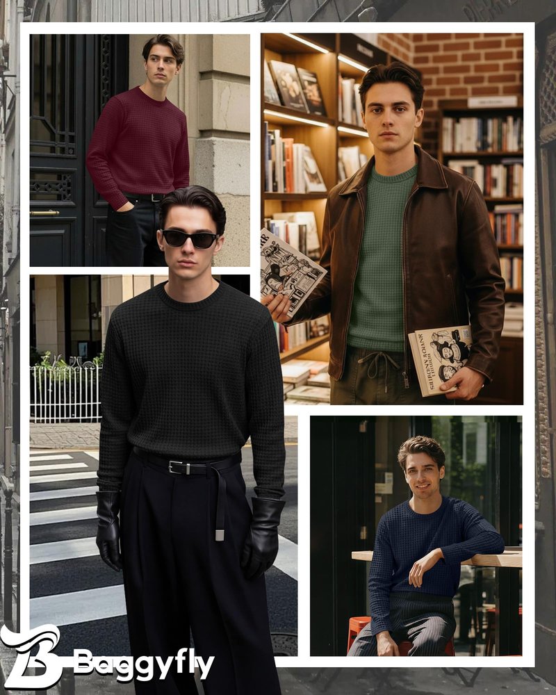 Baggyfly 4 Pack Men's Waffle Long Sleeve Shirts Crew Neck T-Shirts Casual Thermal Tops Lightweight Undershirts(Black, Army Green, Navy Blue, Wine Red,X-Large)