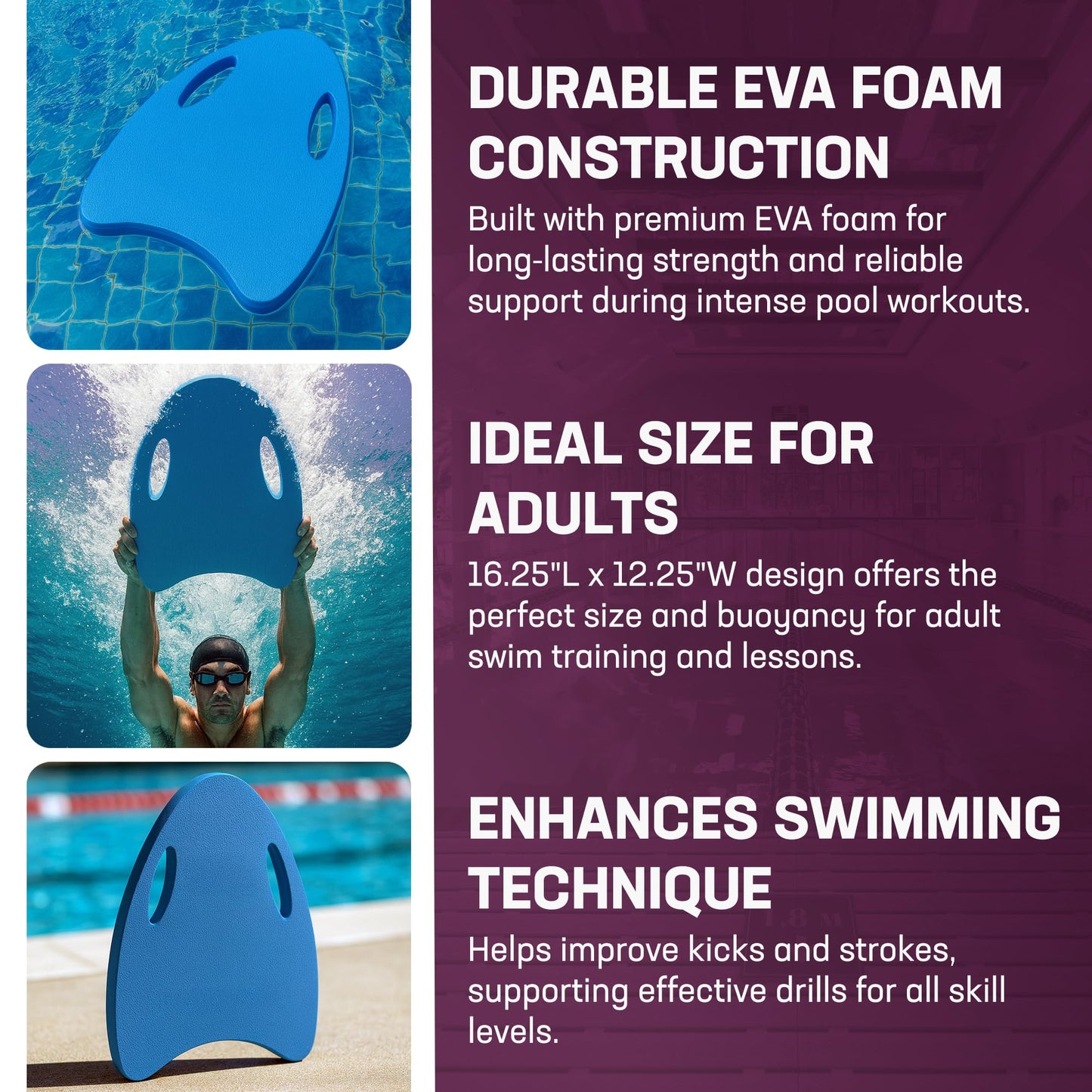 Kemp USA Contour Swim Kickboard with Handles EVA Foam Training Board Pool Swim Training Aid for Kick Drills Water Aerobics & Swim Teams 16.5 x 12.25 in Royal Blue