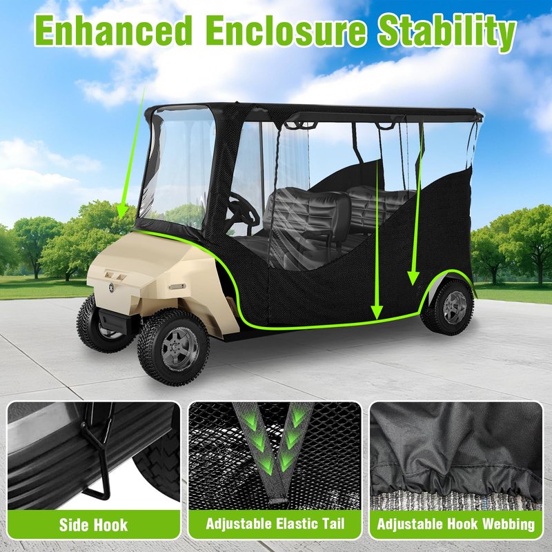 MASHELLY Golf Cart Enclosure, 4 Passenger Drivable Rain Cover for Club Car DS & Precedent, 600D Waterproof Oxford with Extended Roof & 4-Sided PVC Windows, Roll-Up Windshield