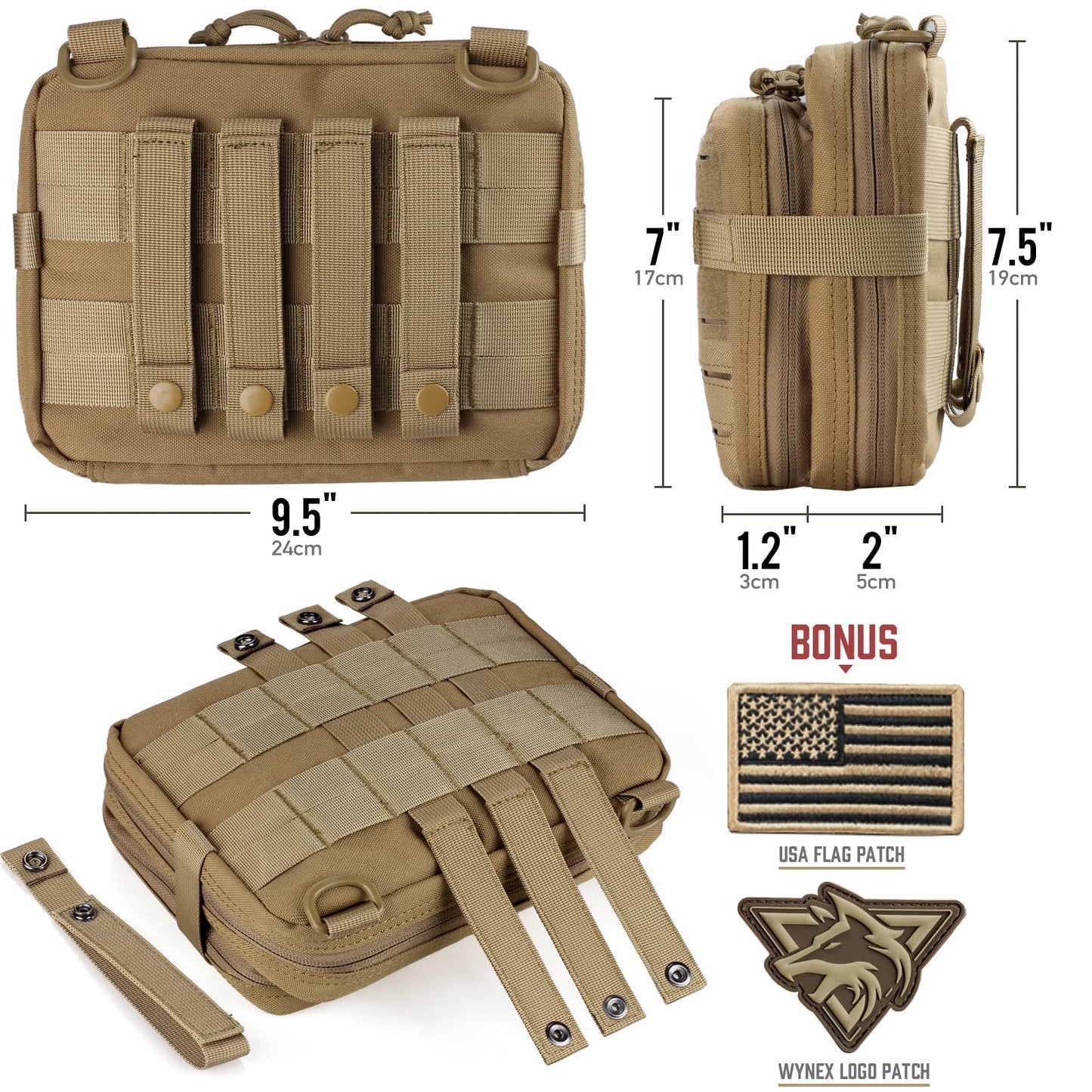 WYNEX Tactical Molle Admin Pouch of Laser Cut Design, Nylon Utility Pouches Molle Attachment Military Medical EMT Organizer with Map Pocket EDC EMT Pack IFAK Tool Holder Universal U.S.A Patch Included