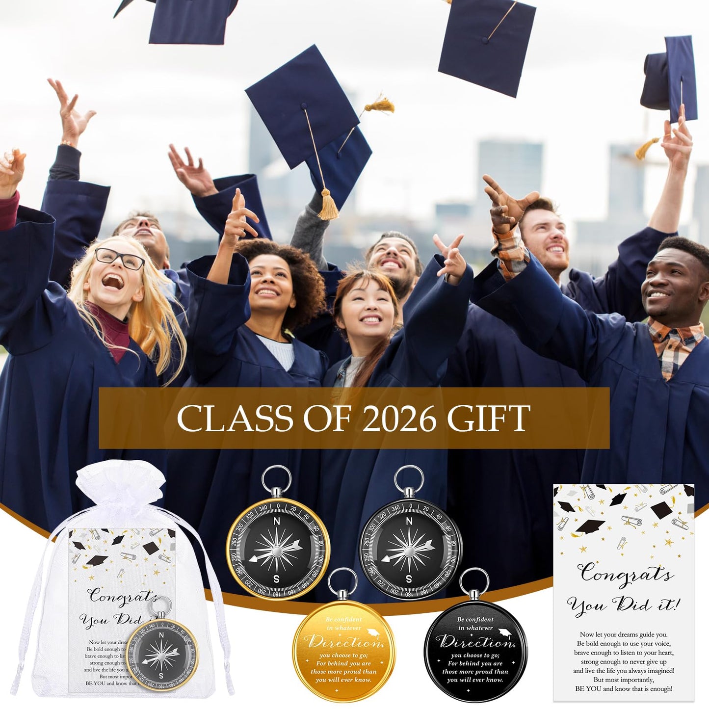 Beeveer 25 Sets Class of 2026 Graduation Gifts Pocket Compass Keychain Inspirational Cards Organza Bags You Did It College Grad Party Favor for Student Friend Graduation Gift(Black, Gold)