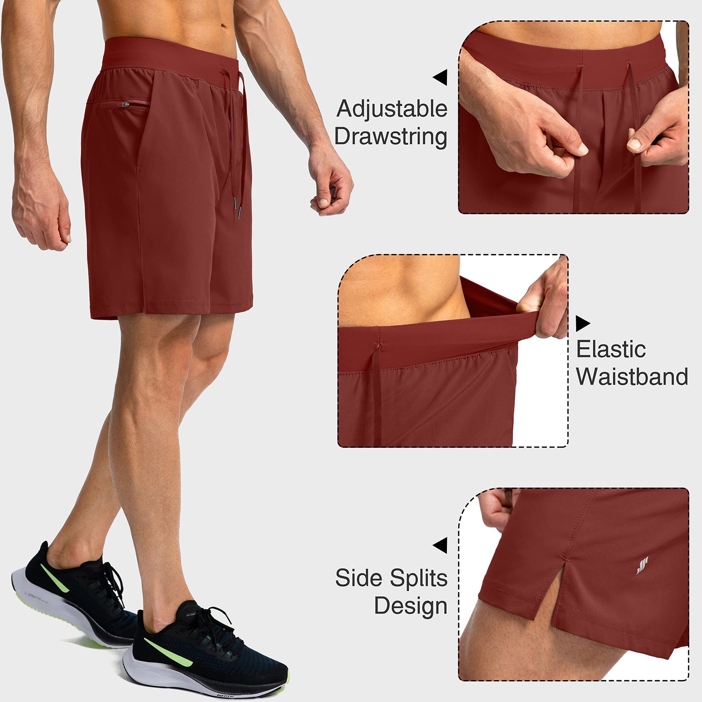 Soothfeel Men's Running Shorts with Zipper Pockets 7 Inch Lightweight Quick Dry Gym Athletic Workout Shorts for Men (Savannah, L)