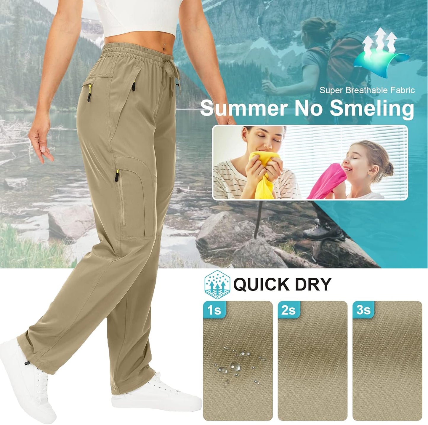 Women's Quick-Dry Hiking Pants | Lightweight UPF 50 Travel & Golf Cargo with Zipper Pockets