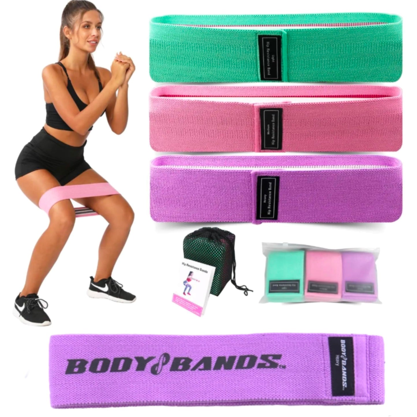 Body Bands, Exercise Resistance Bands, Upper Body Bands, Lower Body Bands, Booty Bands, Fitness Bands, Workout at Home, Anti-Slip Fabric/Cloth Bands, Set of 3 with Carry Bag (Berry)