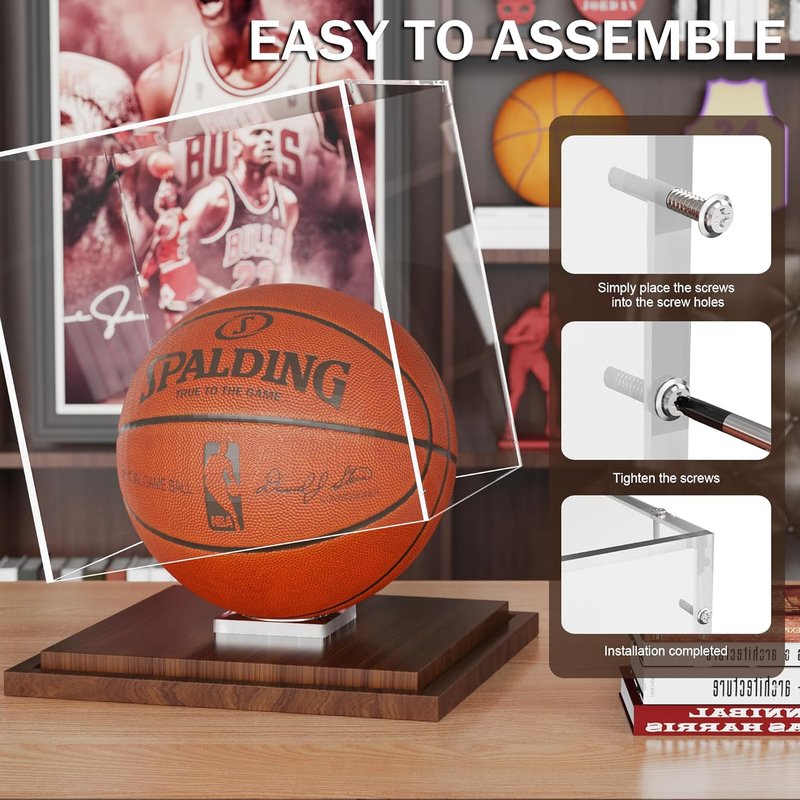 Basketball Display Case - Clear Acrylic Box with Removable Holder for Autographed Balls | Wood Base, Sports Memorabilia