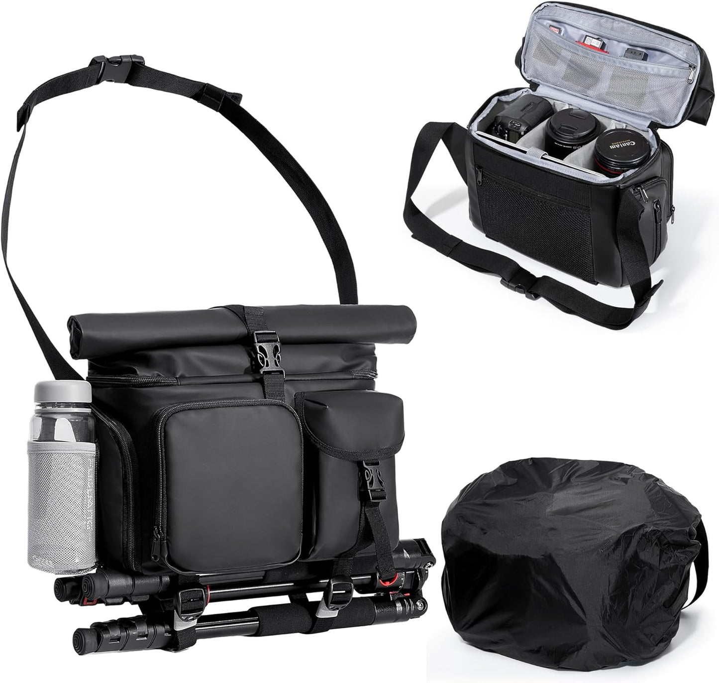Camera Bag with Tripod Holder - Waterproof Sling Bag with Extra Storage | Black