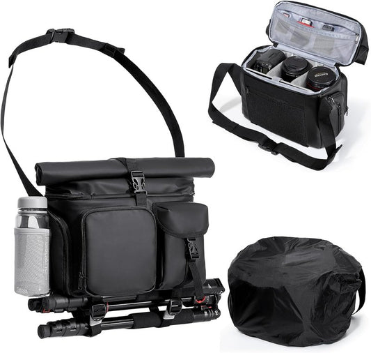 Camera Bag with Tripod Holder - Waterproof Sling Bag with Extra Storage | Black