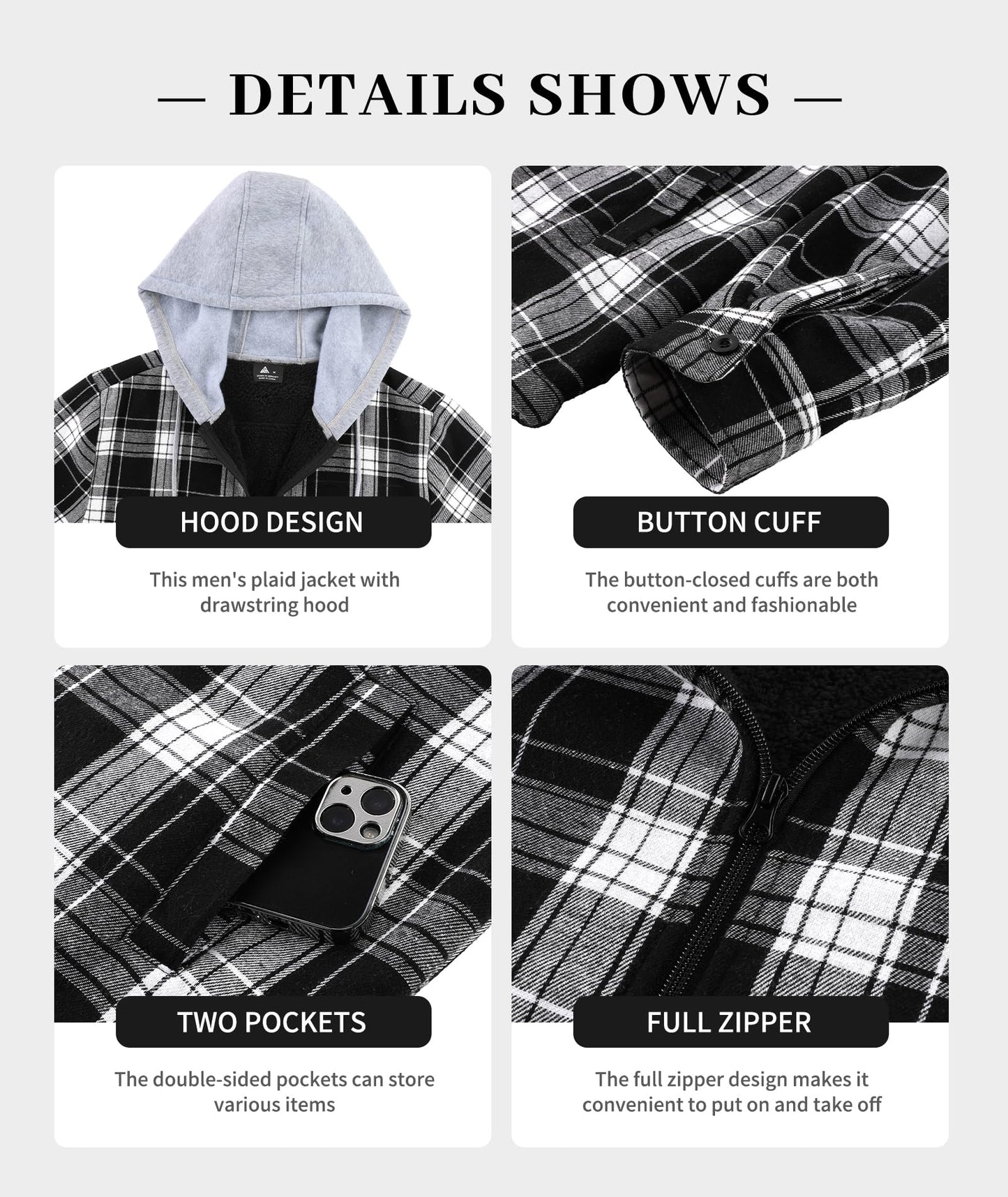 ZITY Men's Flannel Fleece Hoodie Plaid Sherpa Lined Jackets Zip Up With Pocket