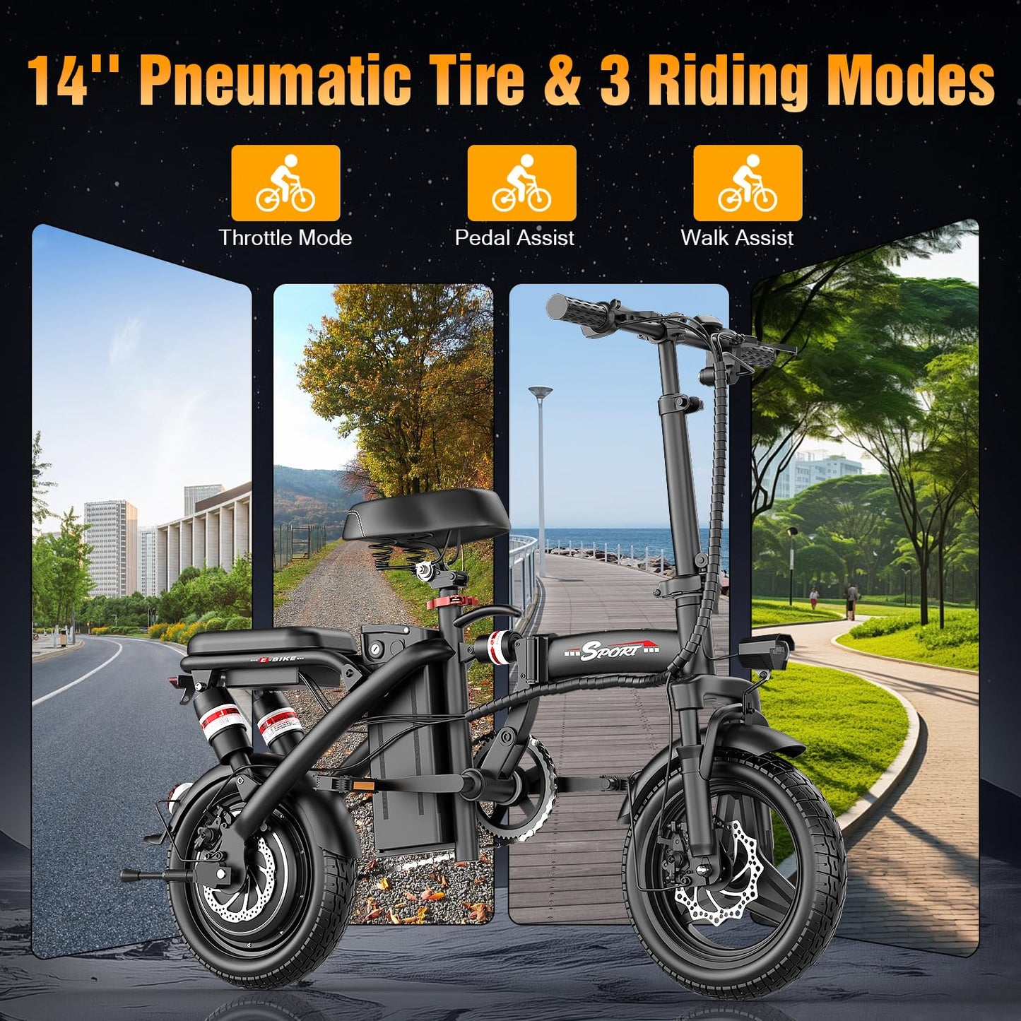 GWEIT Electric Bike for Adults Teens, 800/1200W Peak Folding Ebike, 22/25MPH & 30/45 Miles Range, 14" Commuting Ebike with Dual Suspension & Dual Brake, 3-Speed Modes, Portable Electric Mini Bike