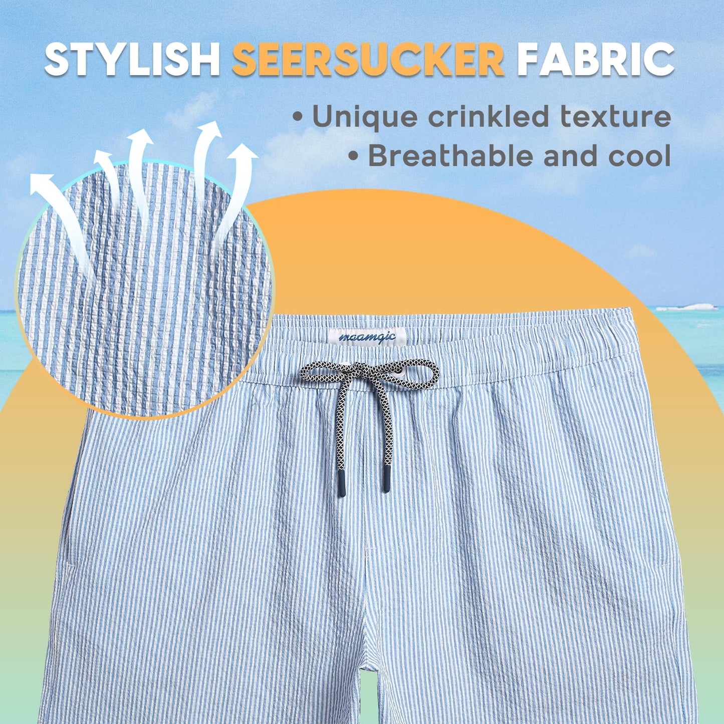 maamgic Men's Swim Trunks 5.5 inch Seersucker Beach Shorts Quick Dry Bathing Suits with Mesh Liner Blue Stripe Large