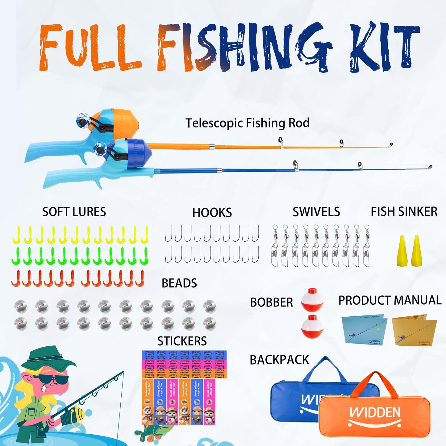 WIDDEN Kids Fishing Pole, Telescopic Fishing Rod, Toddler Collapsible Fishing Rod and Reel Combo with Tackle Box, Fishing Line, Bobber, and Soft Lures for Boy, Girl, Youth, Beginner, Over 4 Years Old