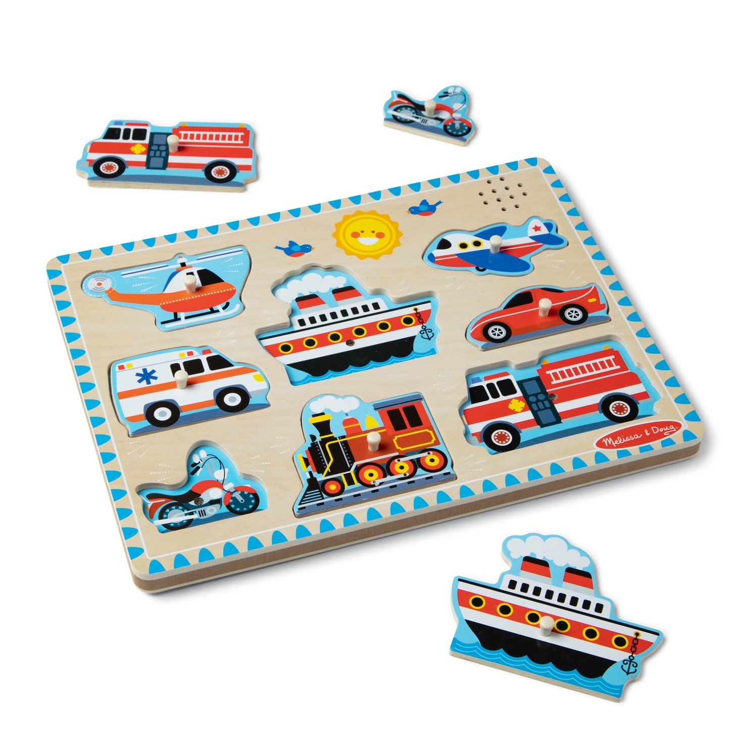 Melissa & Doug Vehicles Sound Puzzle - Wooden Peg Puzzle With Light-Activated Sound Effects (8 pcs) Puzzles for Toddlers, Wooden Puzzles For Kids Ages 2+