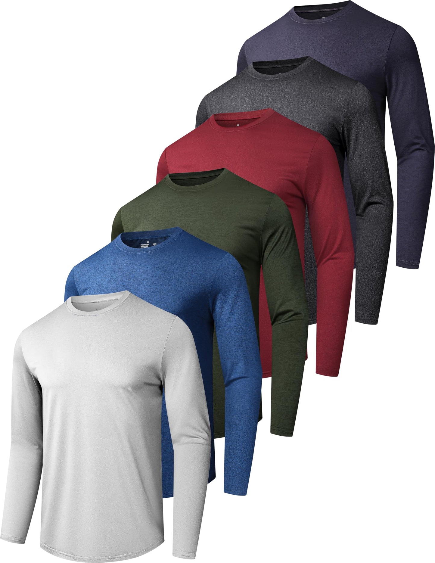 6 Pack Men's Quick Dry Long Sleeve Shirts Moisture Wicking Sun Protection UV UPF SPF Performance T-Shirt for Casual Workout L
