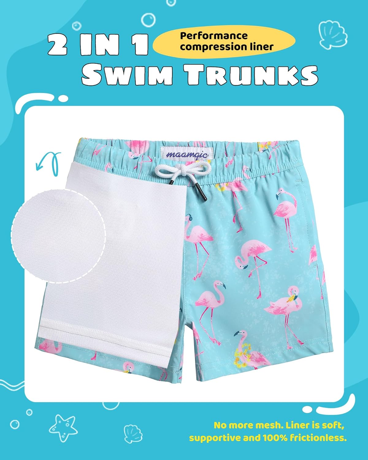 Boys Swim Trunks with Compression Liner | Toddler Stretch Swim Shorts for Active Play
