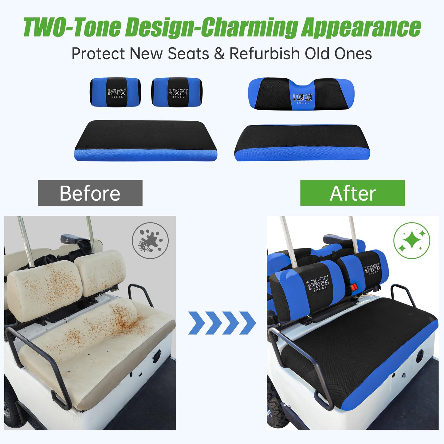 10L0L Golf Cart Front Rear Seat Covers for Yamaha G2 G14 G16 G19 G22, Club Car DS pre-2000, Tomberlin Emerge, EZGO Marathon, Made w/ 3D Air Mesh Polyester Fabric Breathable Washable - Blue and Black