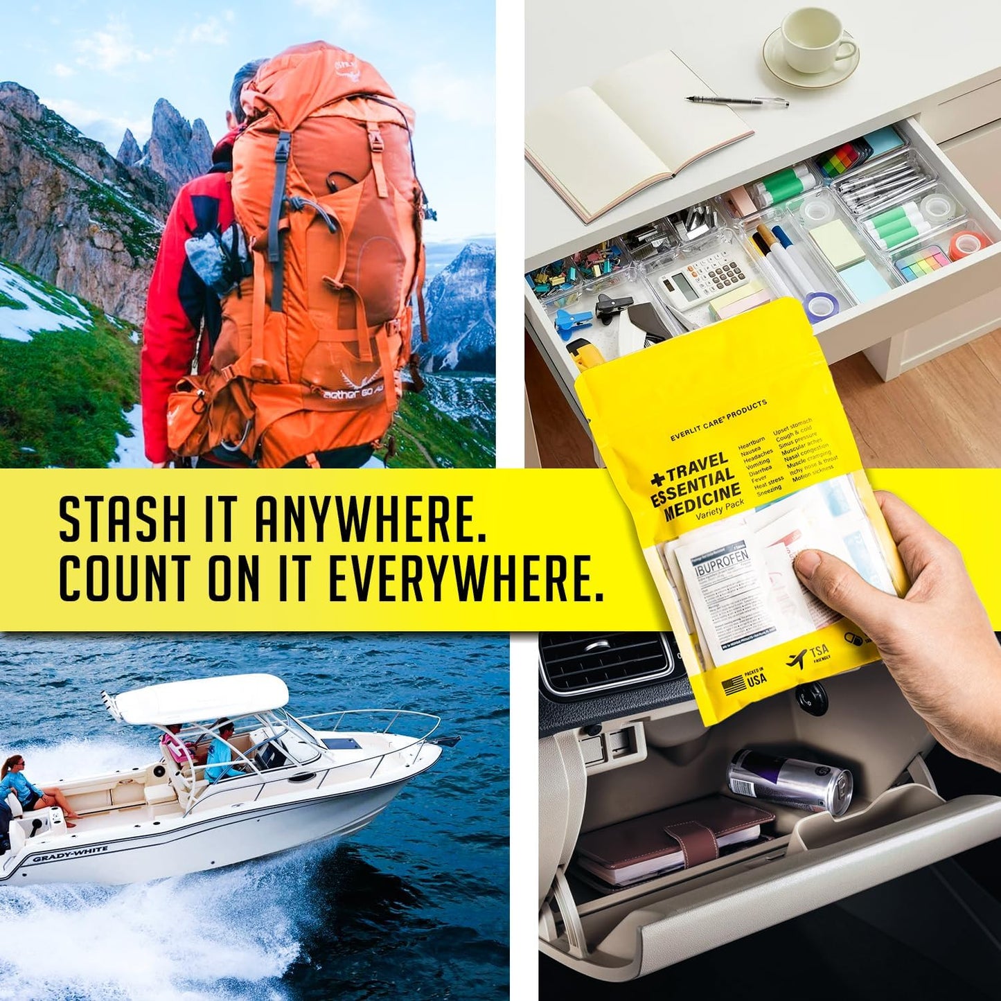 Everlit Travel Essential First Aid Kit - TSA Compliant Mini Medkit for Camping & Travel | Includes 64 Individually Packed Tablets