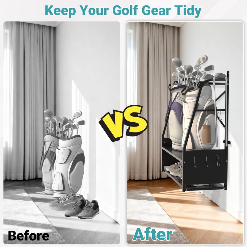 Eastrexon Golf Bag Organizer - Wall Mount & Freestanding - Holds 2 Golf Bags w/ 4 Club Racks, 10 Hooks & Storage Shelf - Golf Bag Stand w/Adjustable Feet for Garage, Store, Club, Shed