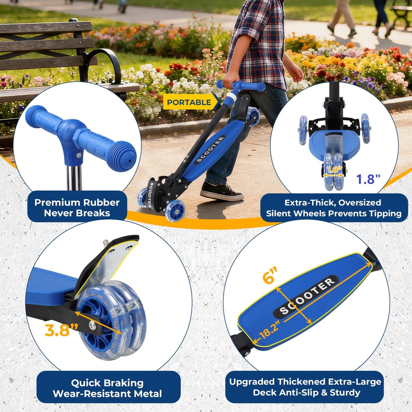 3 Wheel Scooter for Kids Ages 6-12, LED Light-Up Kids Kick Scooter–Portable Foldable, Adjustable Height, Durable Metal Construction, 6" Extra Wide Deck for Outdoor Activities,Child Safety Certified