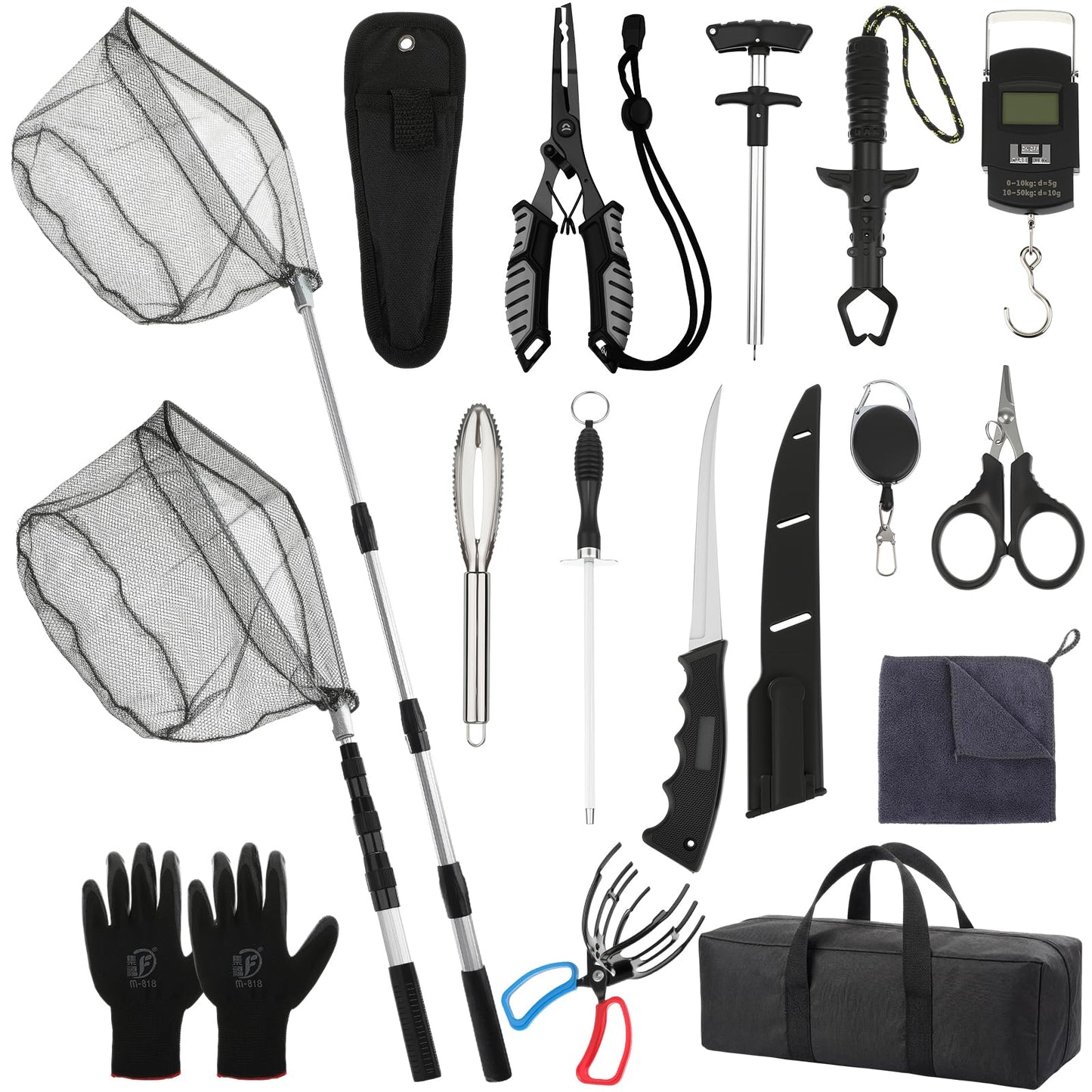 Ceenna 14 Pcs Fishing Tool Kit, Fishing Pliers, Retractable Landing Net, Lip Gripper, Fillet Knife, Digital Scale, Hook Remover, Scaler, Braid Scissors, Sharpener, Tool Retractor Accessories