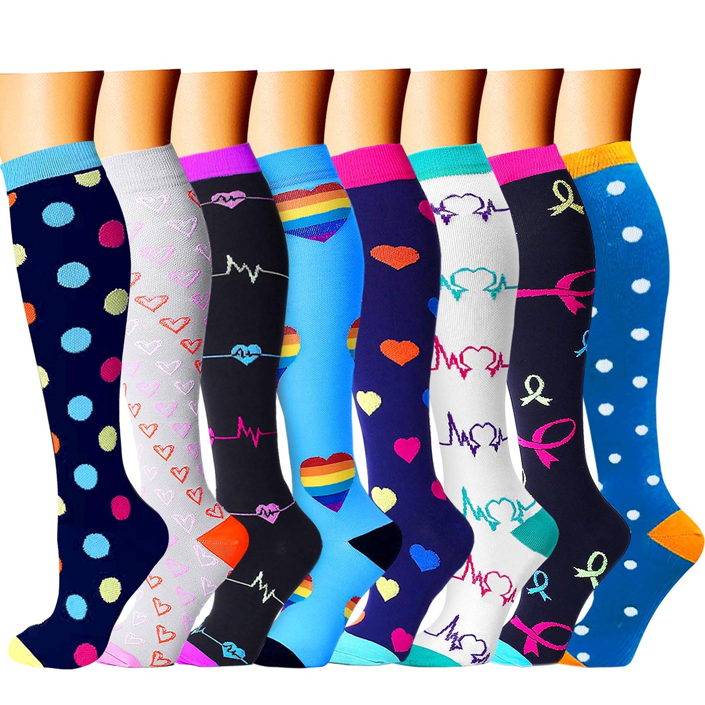 CHARMKING Compression Socks for Women & Men (8 Pairs) 15-20 mmHg Graduated Copper Support Calf Socks are Best for Pregnant, Nurses - Boost Performance, Circulation, Knee High Wide Calf(S/M, Multi 06)