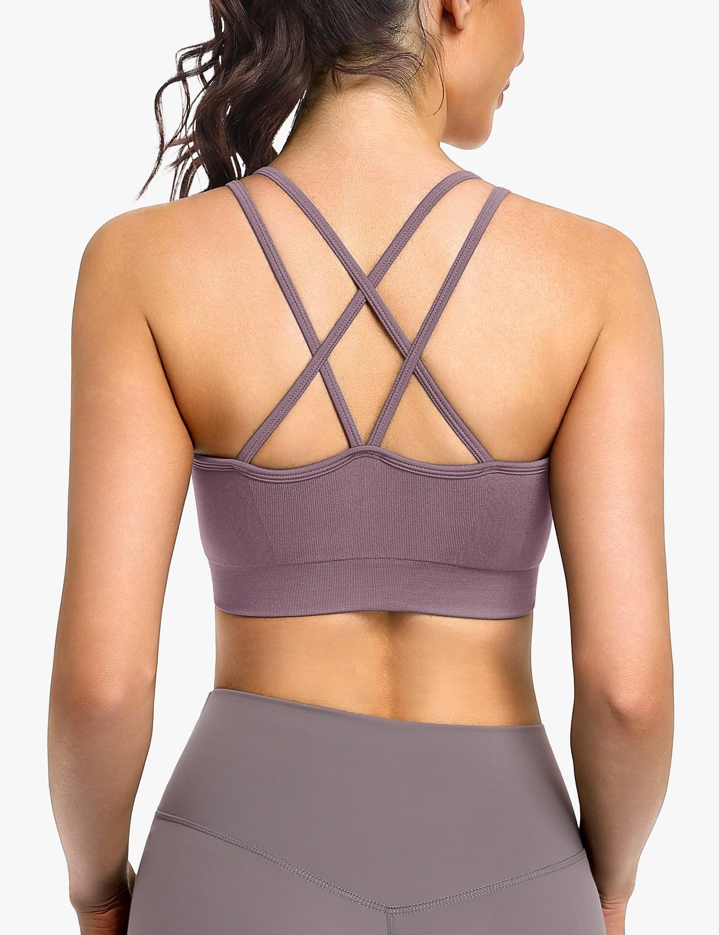 WANAYOU Sports Bras for Women, Cross Back Strappy Medium Support Sports Bra Padded Wireless Seamless Spaghetti Strap Workout Bra for Athletic Exercise Fitness 3 Pack Black White Purple Medium