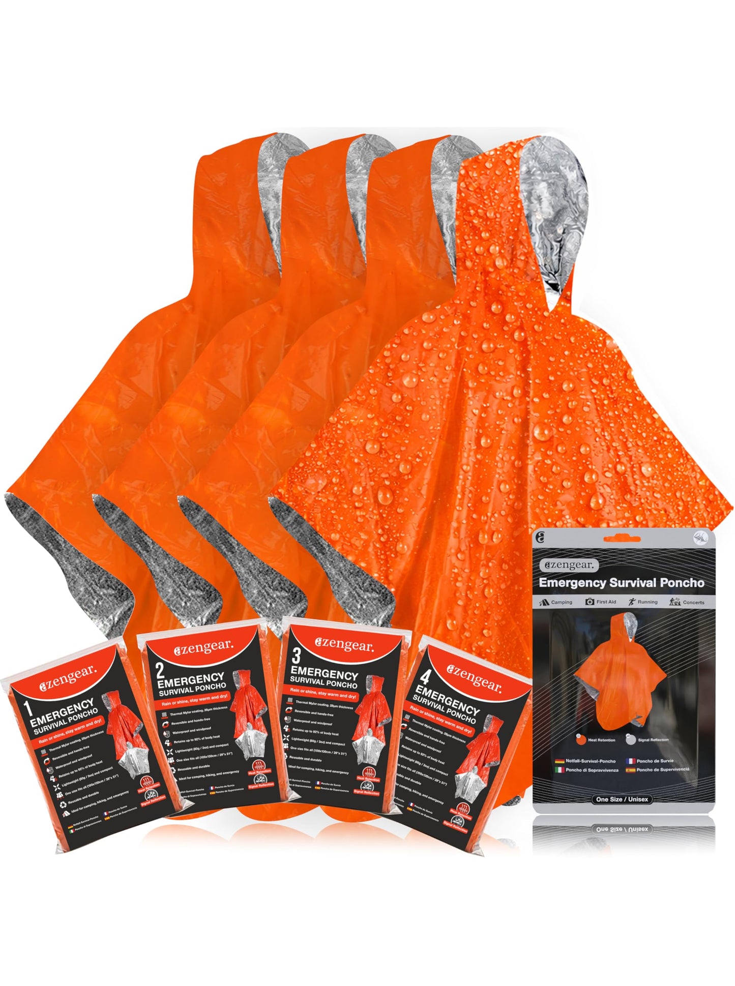 Emergency Survival Foil Poncho (4 Pack) Reversible Thermal Mylar, Orange