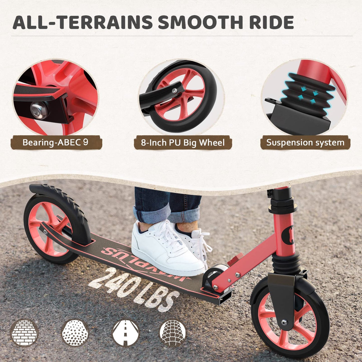 WAYPLUS Lightweight Kick Scooter for Kids, Teens and Adults, Foldable, 8-Inch Non-Slip Deck, ABEC9 Bearing, Adjustable Height 3.9-6.2FT, Red