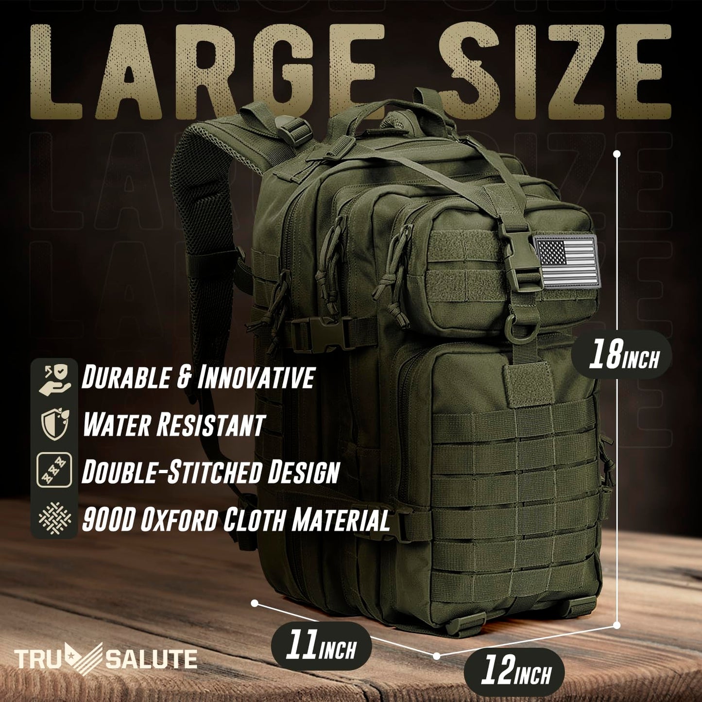 Tru Salute 45L Military Tactical Backpack Large Army 3 Day Assault Pack Molle Bugout Bag Rucksack (Amy Green)