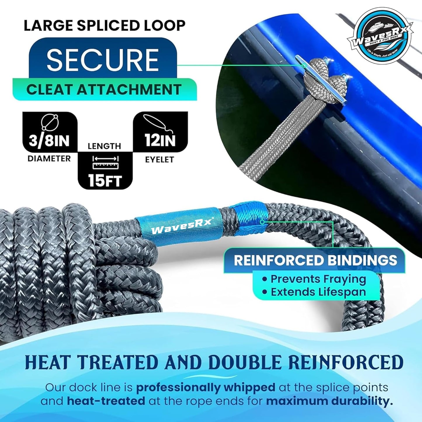 Premium Nylon Boat Dock Lines & Ropes for Docking 3/8'' x 15' | Double Braided Marine Rope & Mooring Line| Boat Ropes for Docking with Loop | UV & Saltwater Resistant Dock Ropes for Boats & Pontoons