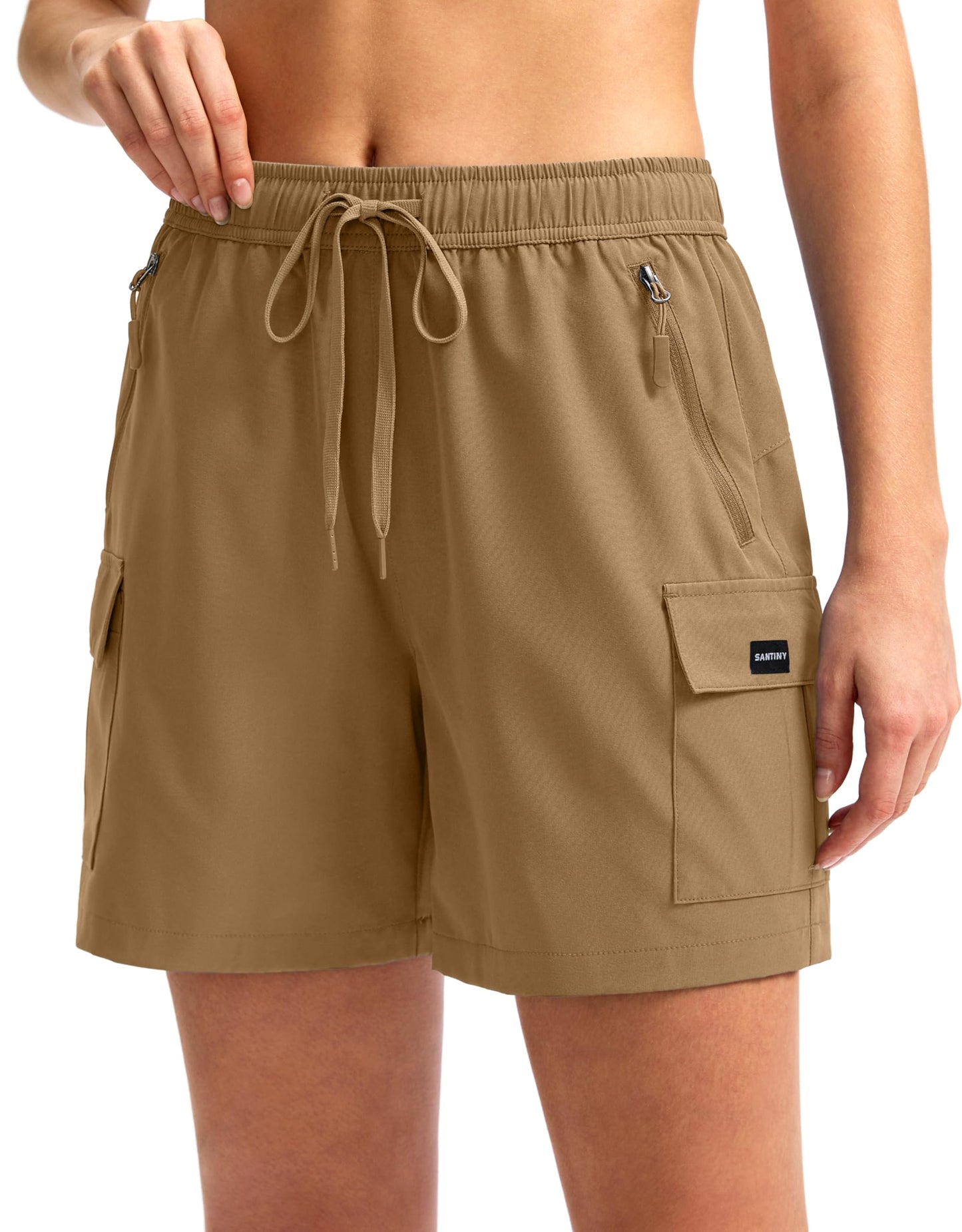 SANTINY Women's 5''/ 7''/9'' Hiking Cargo Shorts Quick Dry Lightweight Summer Shorts for Women Athletic Golf Zipper Pockets(Dark Khaki_XL)