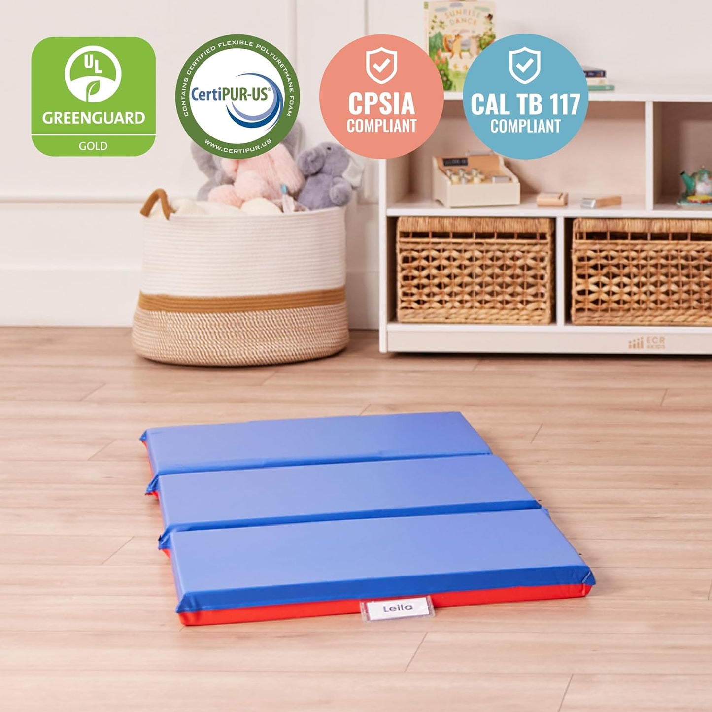 ECR4Kids Premium Folding Rest Mat - 3-Section Sleeping Pad | Blue/Red, 2-Inch Thick