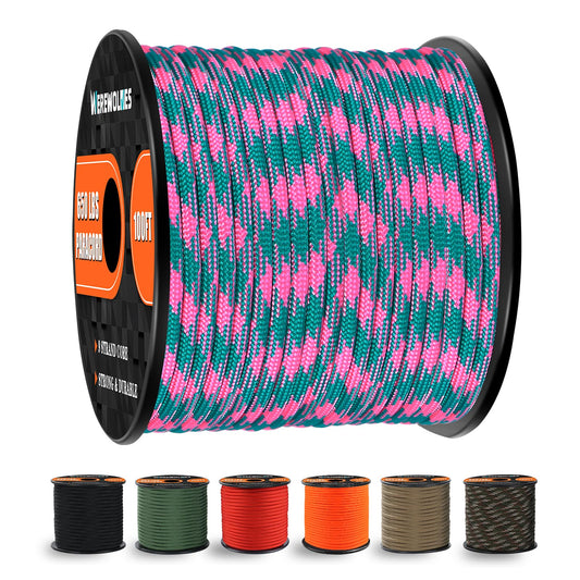 WEREWOLVES 650lb Paracord/Parachute Cord - 9 Strand Paracord Rope - 100', 200' Spools of Parachute Cord, Type III Paracord for Camping, Hiking and Survival (Candy, 100 Feet)