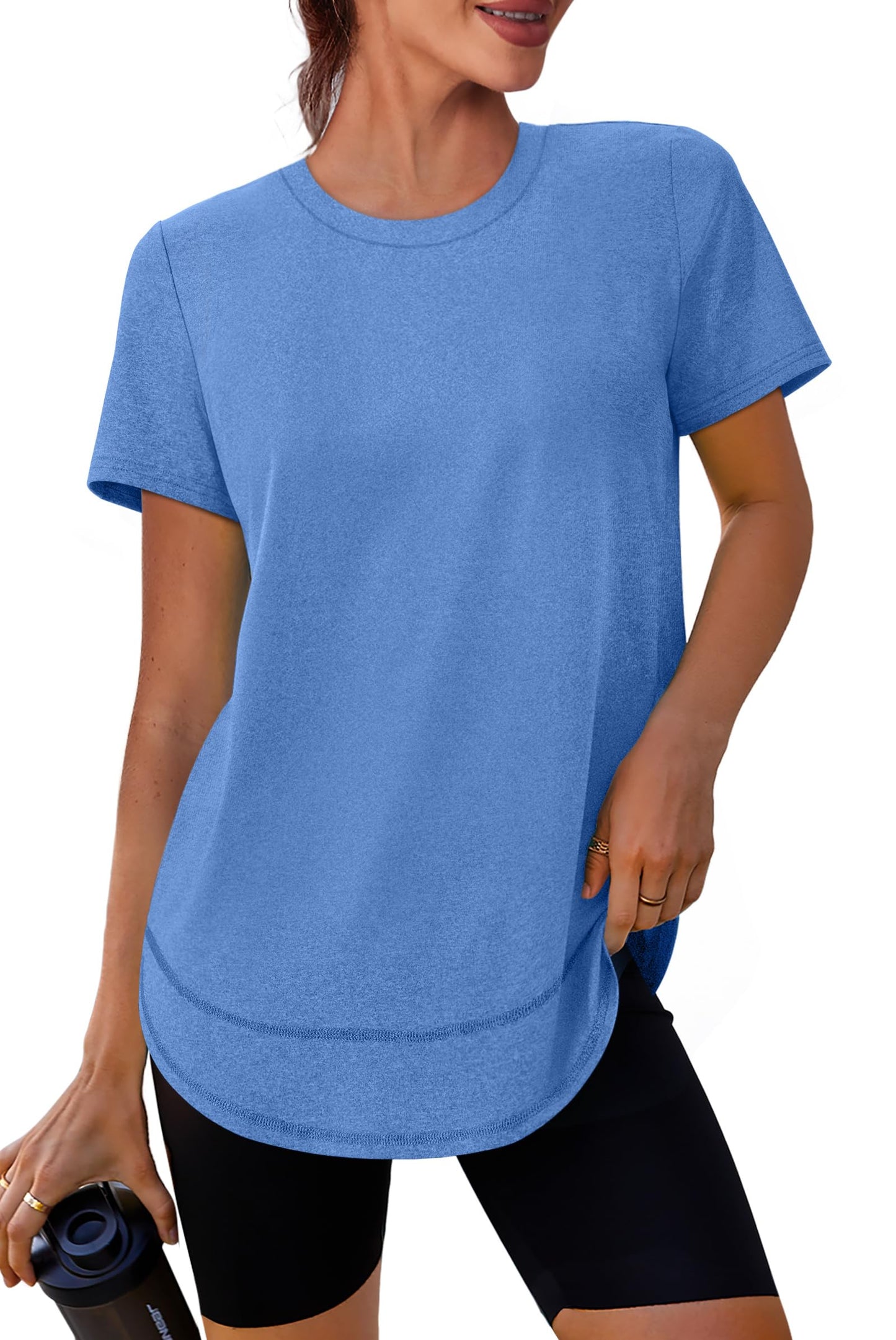 Short Sleeve Shirts for Women Workout Yoga Tops Sun Protection Clothing Summer Outfits Rash Guard Side Slit Blue XL