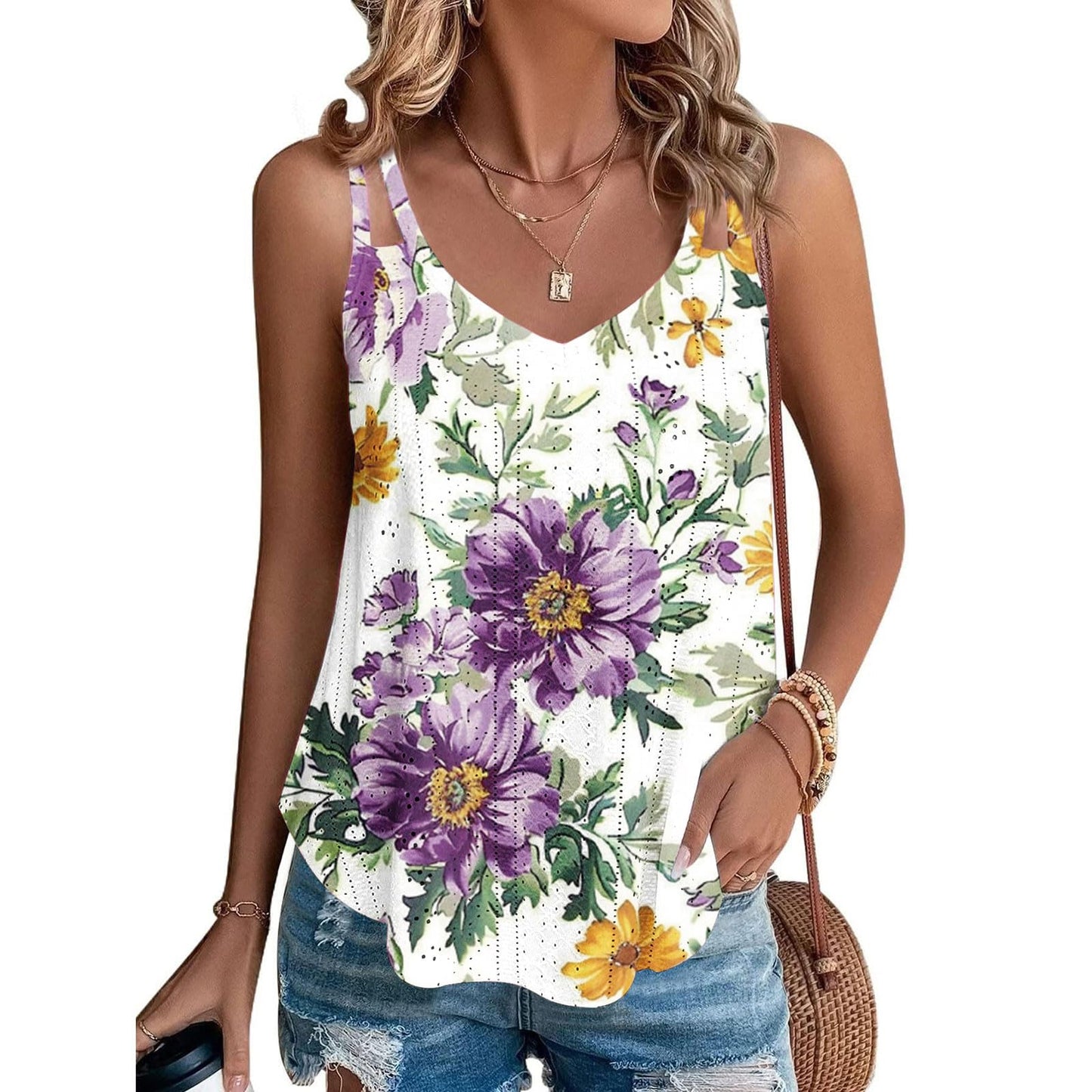 Generic Deal of The Day Summer Tank Top for Women Spaghetti Strap Sleeveless Vacation Beach T Shirts Trendy Floral Eyelet Camisole Tops V Neck Dressy Casual Curved Hem Tunic Blouses, Medium