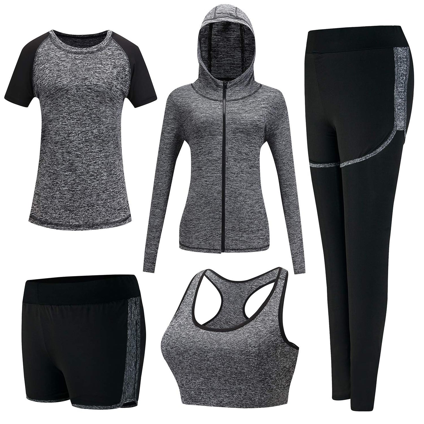 XPINYT 5pcs Workout Outfits for Women Athletic Sets Sport Suits Yoga Gym Fitness Exercise Clothes Jogging Tracksuits (Grey, Small)