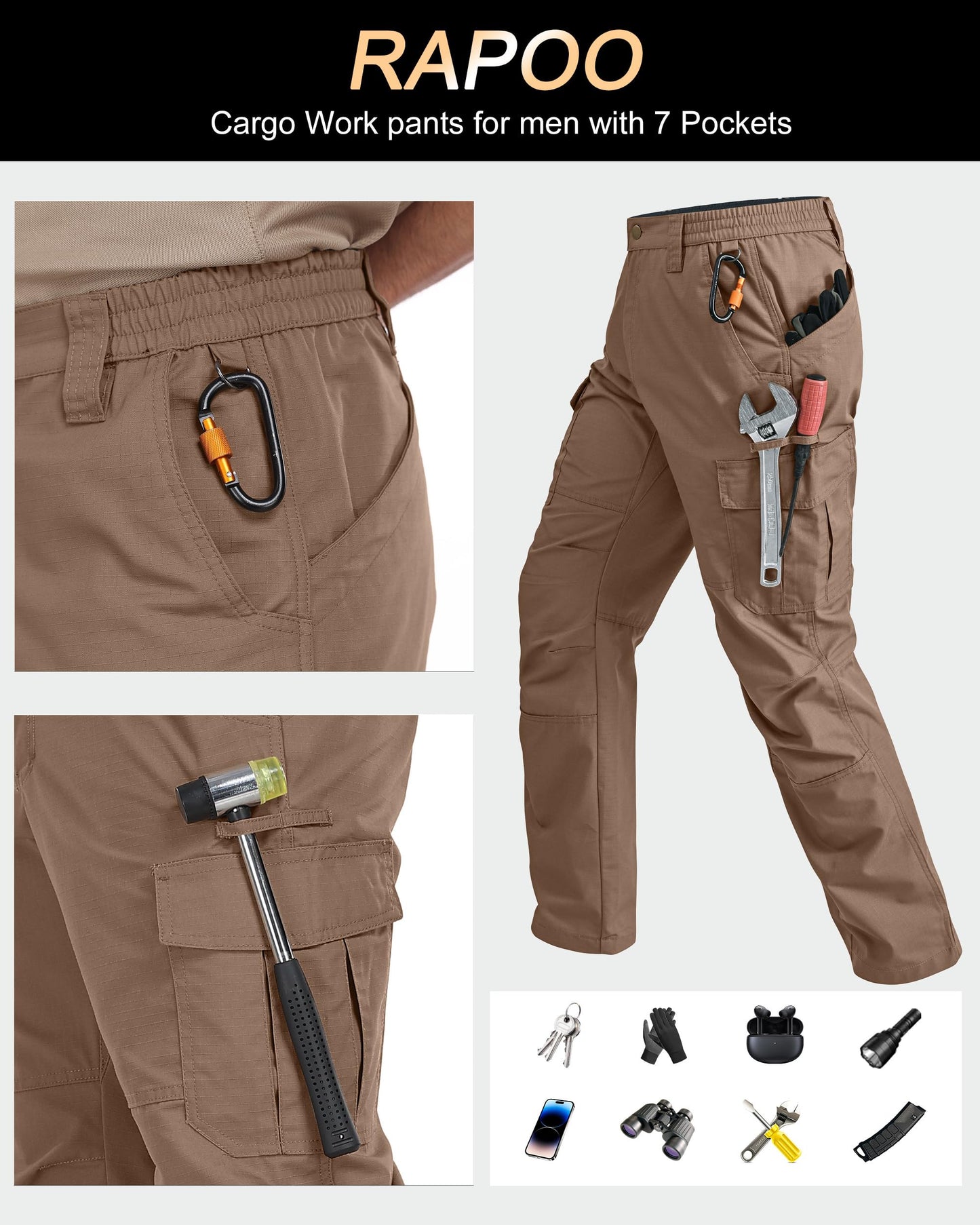 Rapoo Work Pants for Men Cargo Hiking Tactical Military Army Pants for Men with Multi Pockets Elastic Waist Mens Ripstop Construction Carpenter Pants Brown 44Wx30L