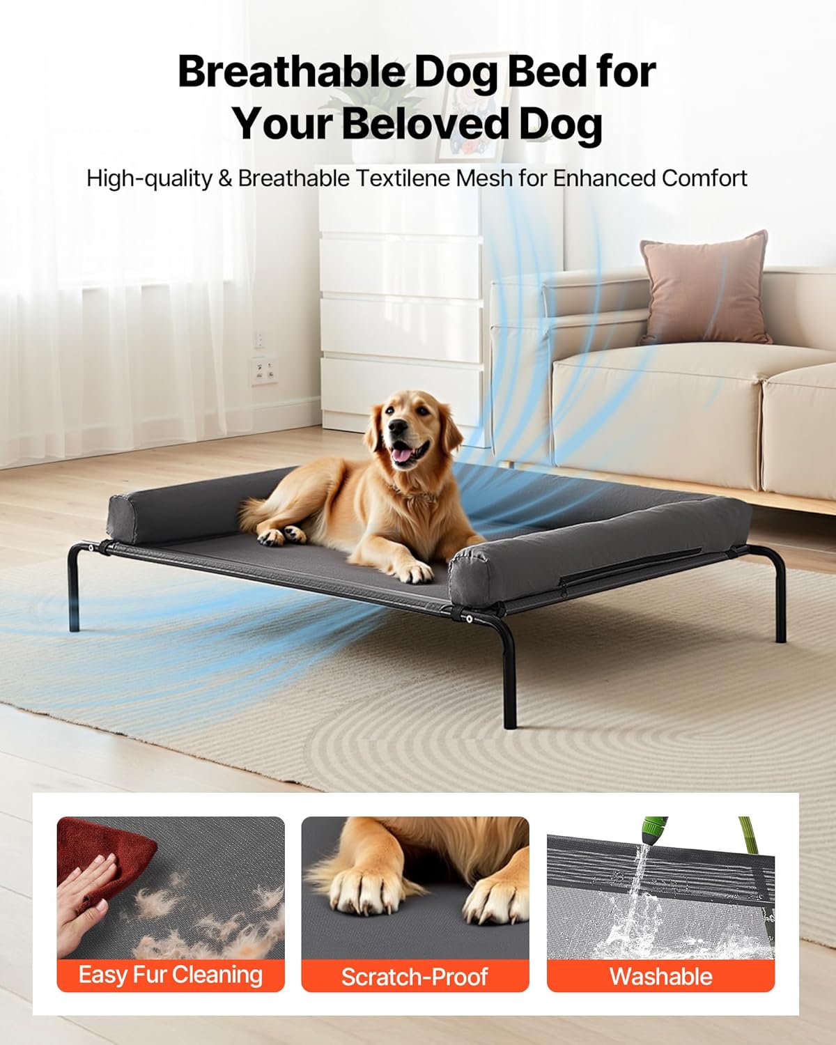 Elevated Dog Bed for Large Dogs - Portable Raised Cot with Washable Pillow | XL Gray, Steel Frame & Breathable Mesh